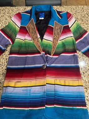 vintage 1990s Roper Western blazer, Mexican serape faux-leather lapels. Small